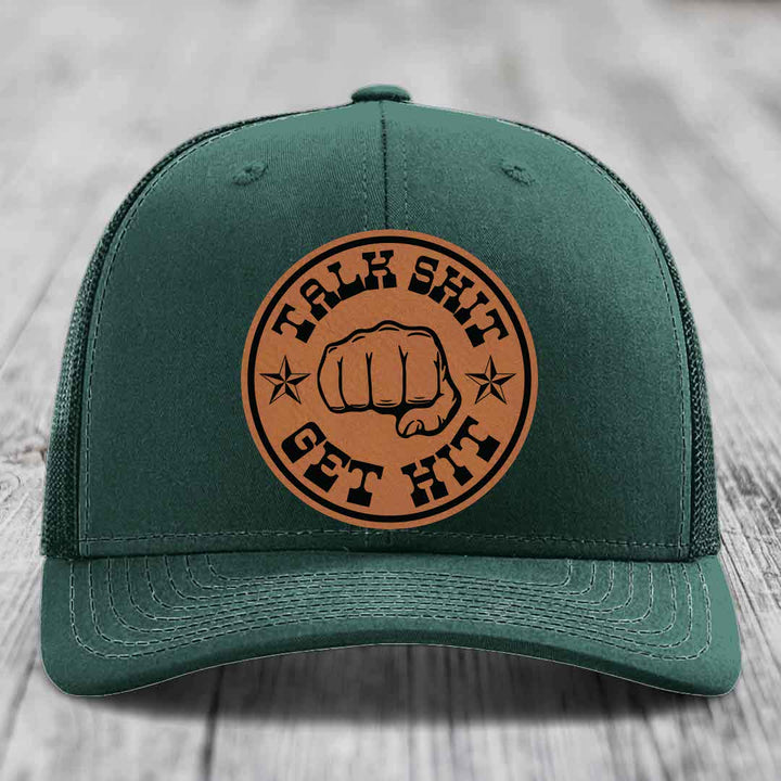 Talk Shit, Get Hit - Leather Patch Hat - Rawhide to Black Patch - Richardson 112 Snapback Trucker Hat