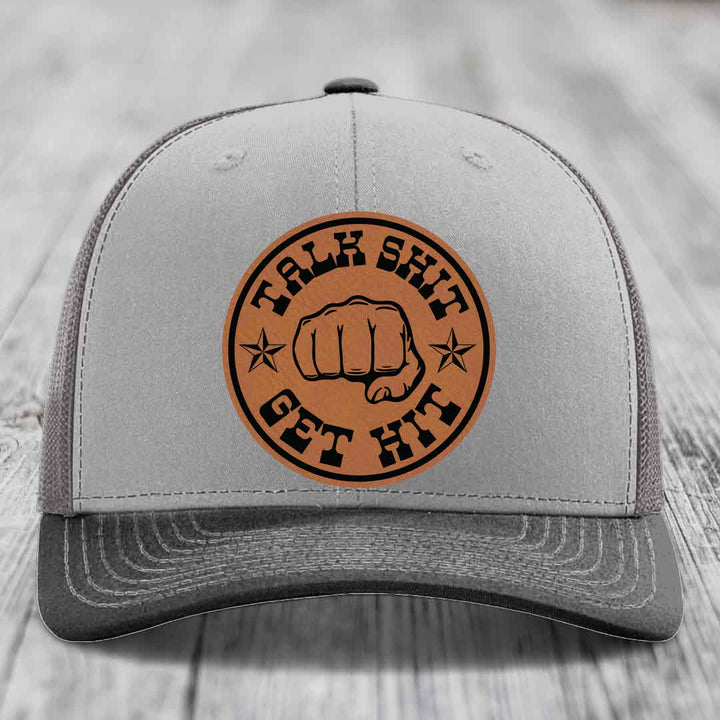 Talk Shit, Get Hit - Leather Patch Hat - Rawhide to Black Patch - Richardson 112 Snapback Trucker Hat