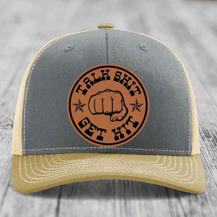 Talk Shit, Get Hit - Leather Patch Hat - Rawhide to Black Patch - Richardson 112 Snapback Trucker Hat