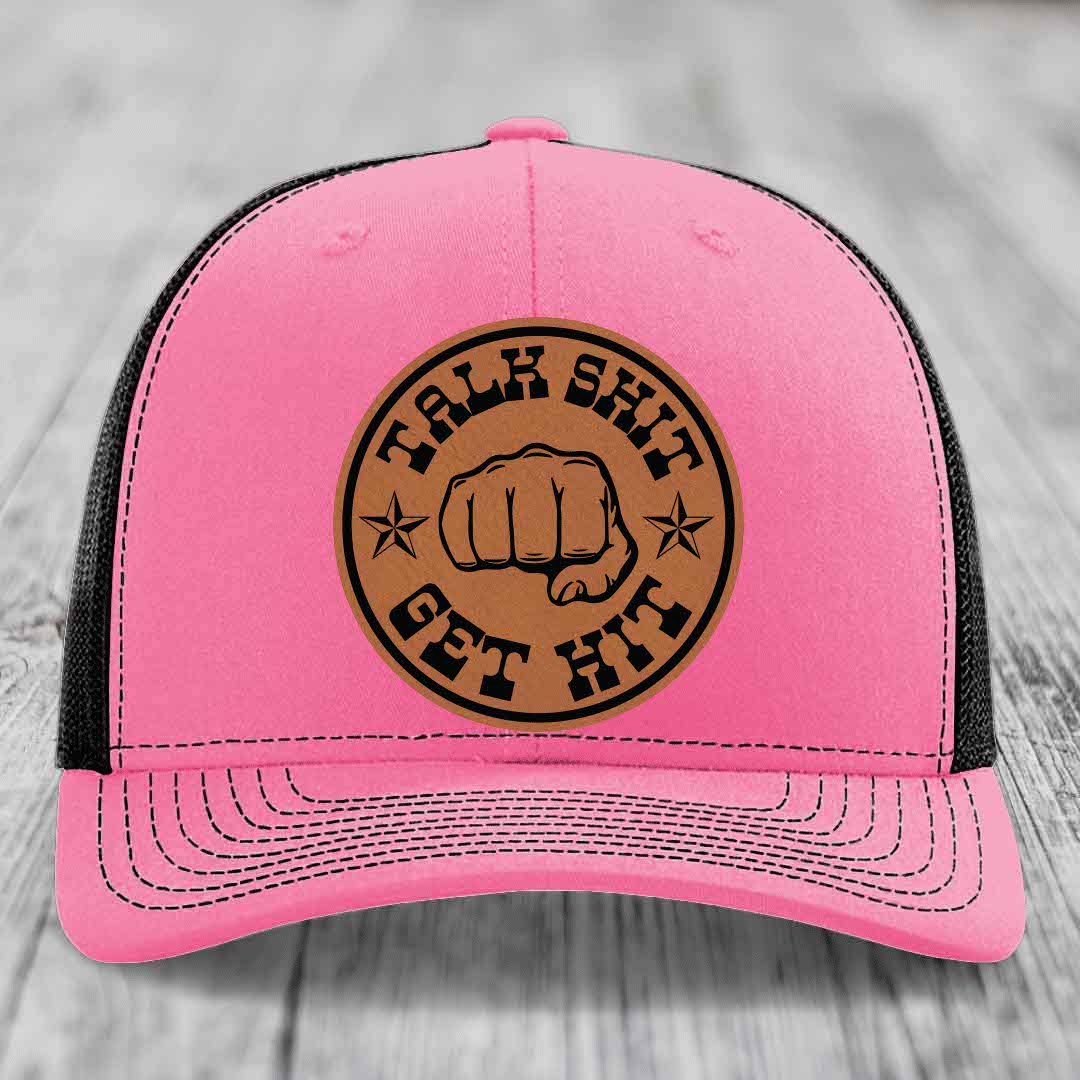 Talk Shit, Get Hit - Leather Patch Hat - Rawhide to Black Patch - Richardson 112 Snapback Trucker Hat