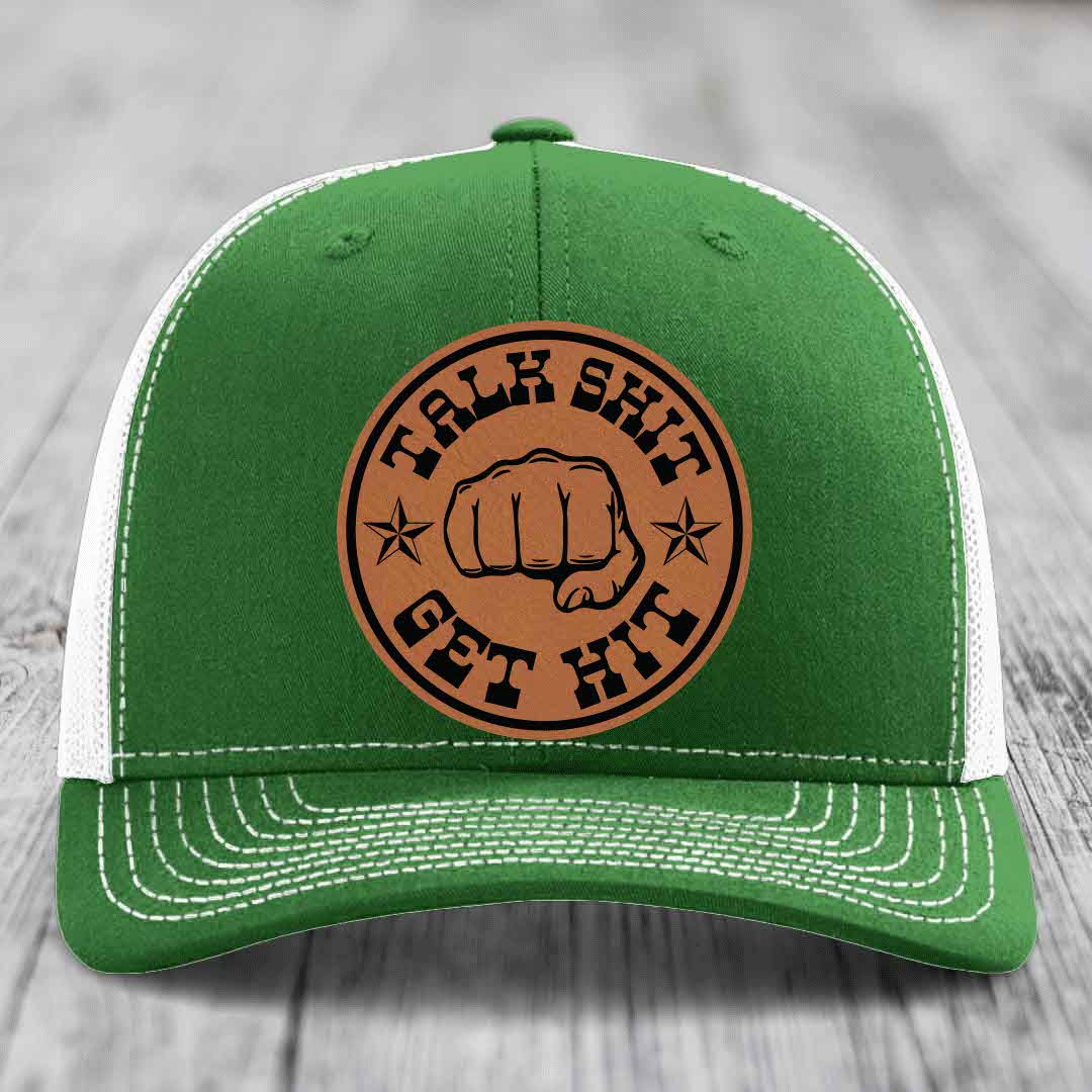 Talk Shit, Get Hit - Leather Patch Hat - Rawhide to Black Patch - Richardson 112 Snapback Trucker Hat