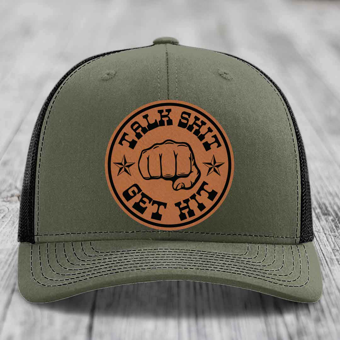 Talk Shit, Get Hit - Leather Patch Hat - Rawhide to Black Patch - Richardson 112 Snapback Trucker Hat