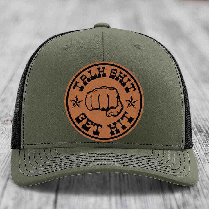Talk Shit, Get Hit - Leather Patch Hat - Rawhide to Black Patch - Richardson 112 Snapback Trucker Hat