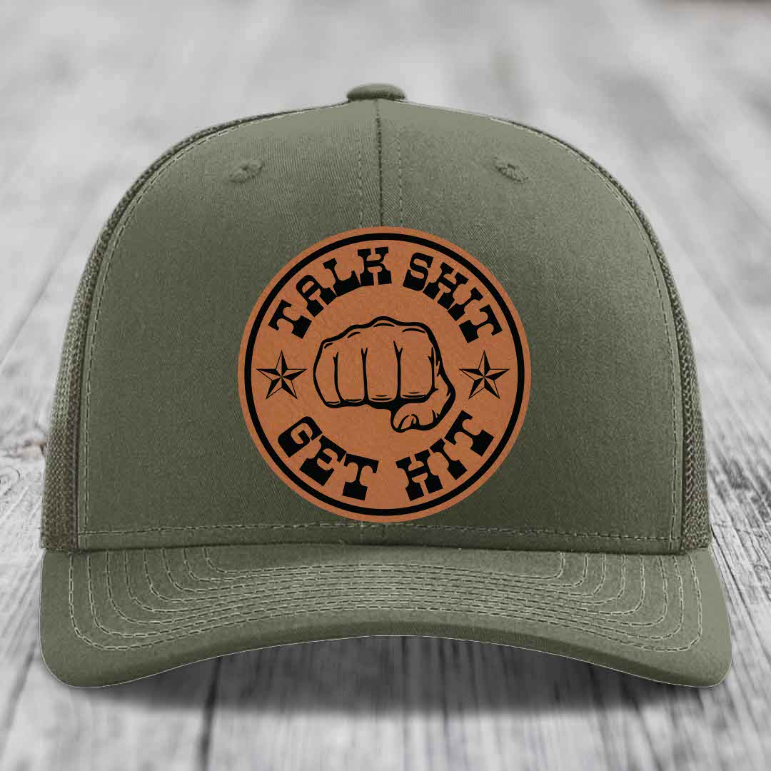 Talk Shit, Get Hit - Leather Patch Hat - Rawhide to Black Patch - Richardson 112 Snapback Trucker Hat