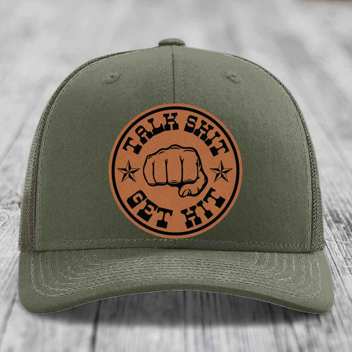 Talk Shit, Get Hit - Leather Patch Hat - Rawhide to Black Patch - Richardson 112 Snapback Trucker Hat
