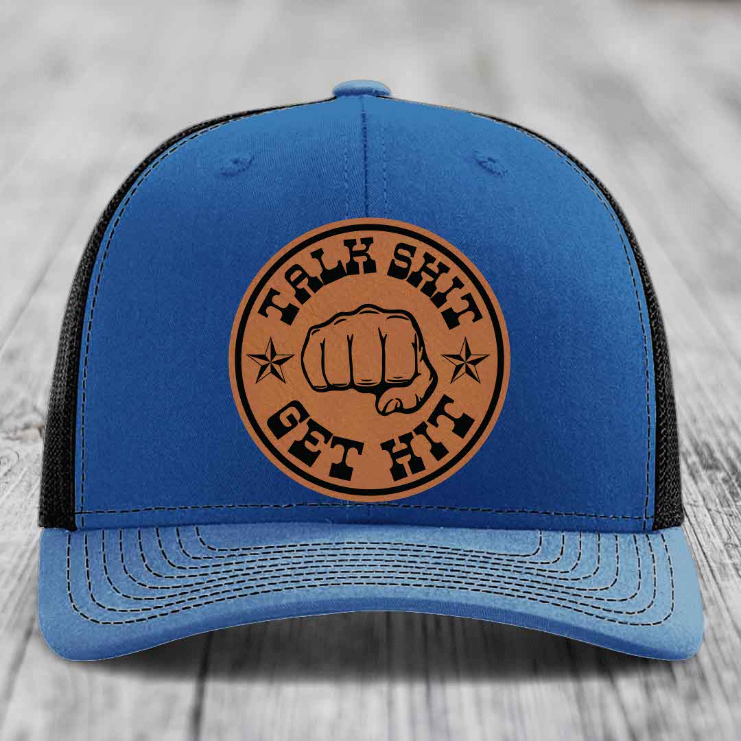 Talk Shit, Get Hit - Leather Patch Hat - Rawhide to Black Patch - Richardson 112 Snapback Trucker Hat