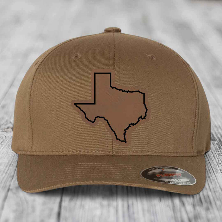 Texas Border - Leather Patch Hat - Dark Brown to Black Patch - Flexfit 6277 Fitted Hat
