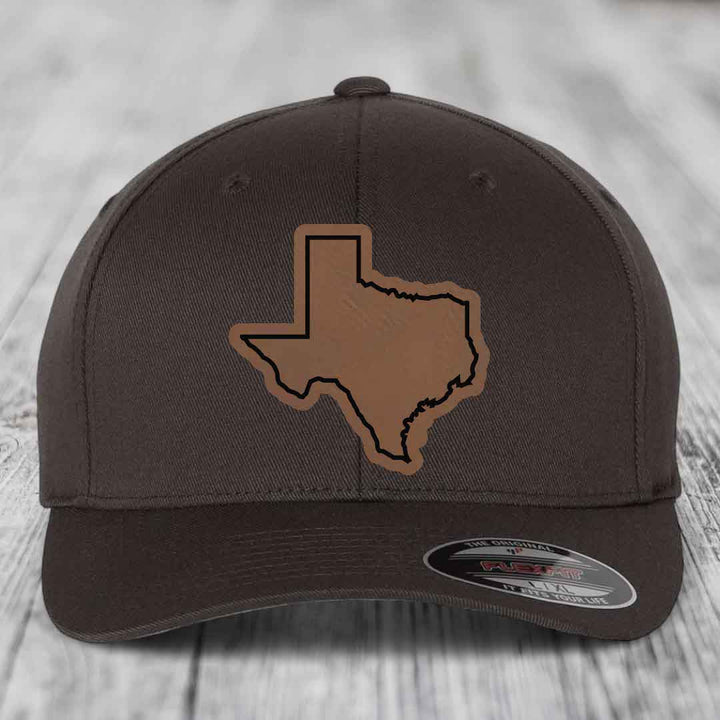 Texas Border - Leather Patch Hat - Dark Brown to Black Patch - Flexfit 6277 Fitted Hat