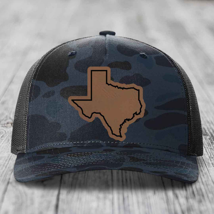 Texas Border - Leather Patch Hat - Dark Brown to Black Patch - Richardson 112PFP Snapback Trucker Hat