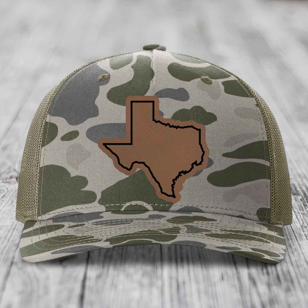Texas Border - Leather Patch Hat - Dark Brown to Black Patch - Richardson 112PFP Snapback Trucker Hat