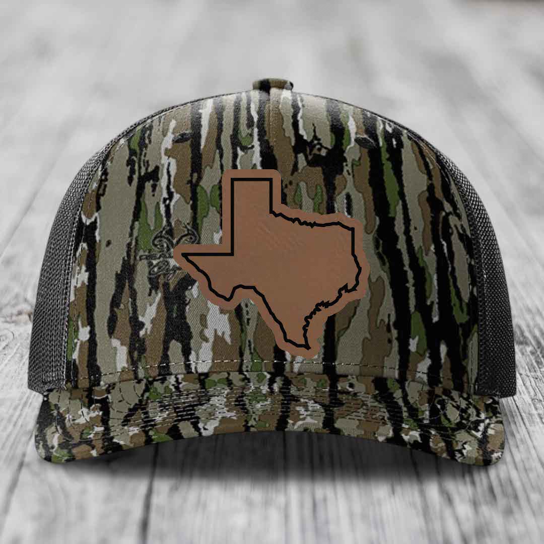 Texas Border - Leather Patch Hat - Dark Brown to Black Patch - Richardson 112PFP Snapback Trucker Hat