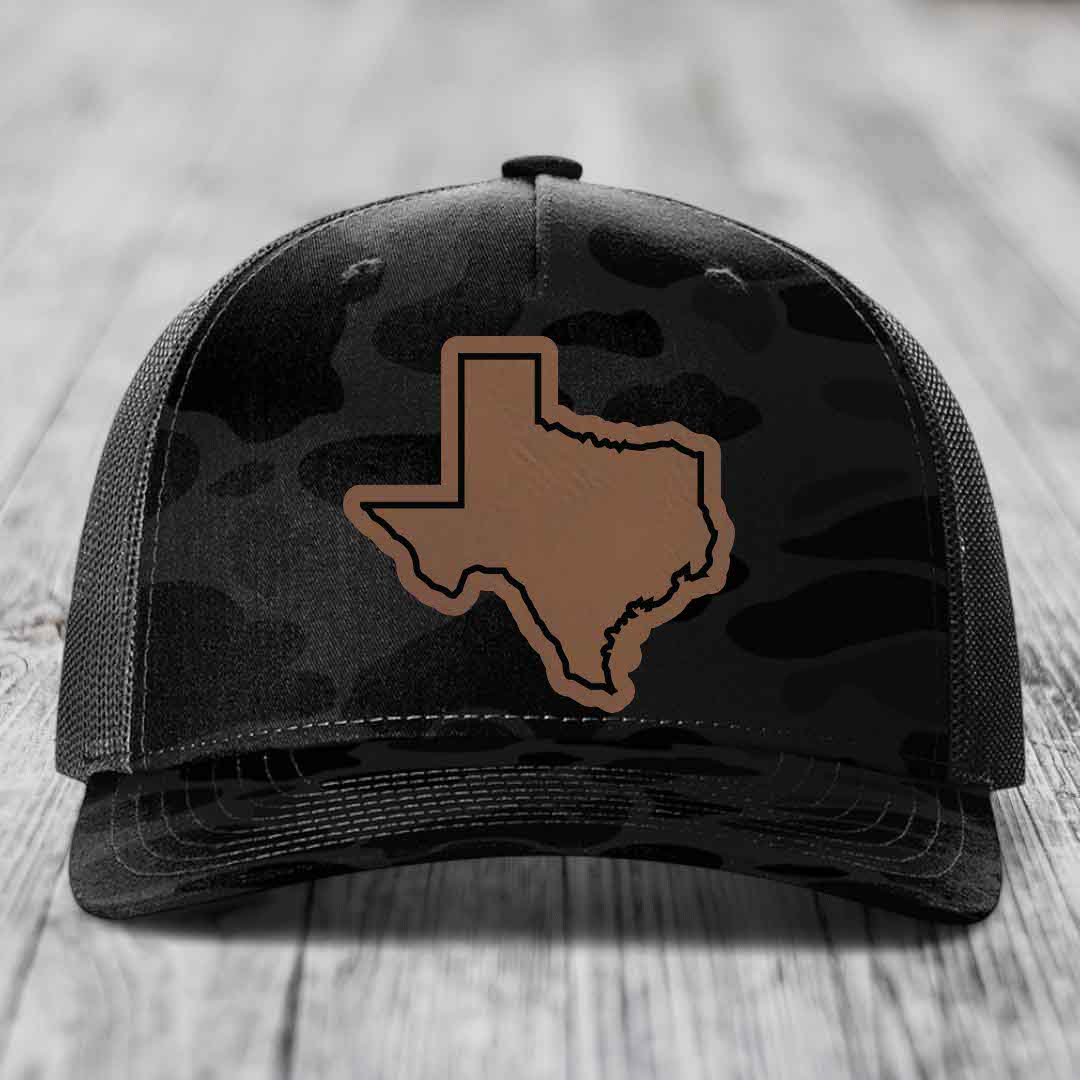 Texas Border - Leather Patch Hat - Dark Brown to Black Patch - Richardson 112PFP Snapback Trucker Hat