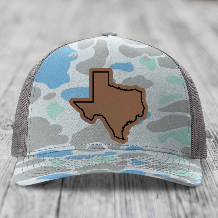 Texas Border - Leather Patch Hat - Dark Brown to Black Patch - Richardson 112PFP Snapback Trucker Hat