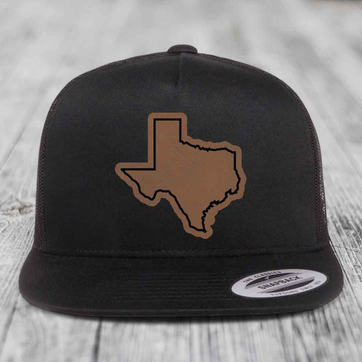Texas Border - Leather Patch Hat - Dark Brown to Black Patch - Yupoong 6006 Snapback Flatbill Hat