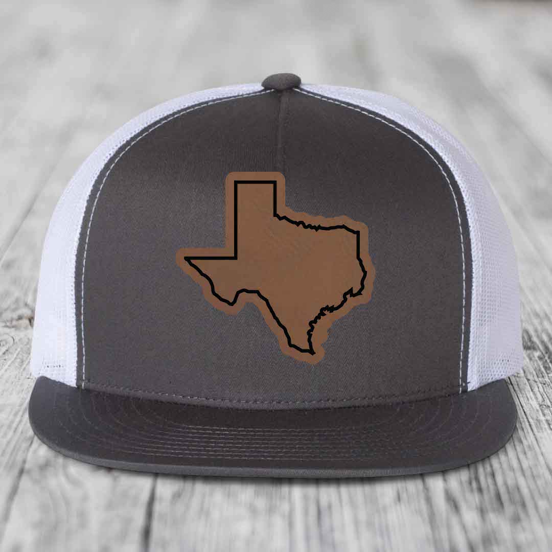 Texas Border - Leather Patch Hat - Dark Brown to Black Patch - Yupoong 6006 Snapback Flatbill Hat