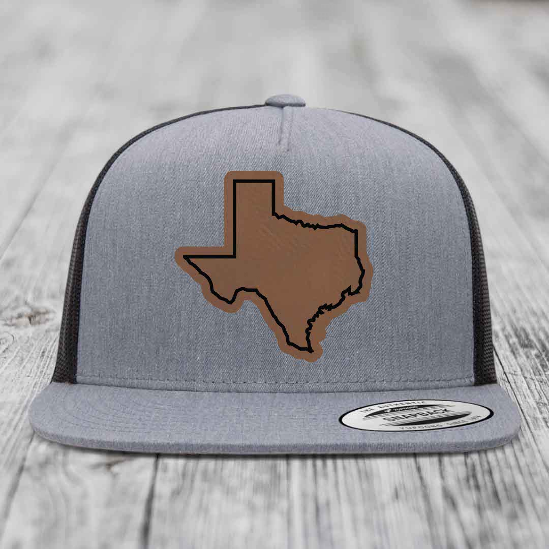 Texas Border - Leather Patch Hat - Dark Brown to Black Patch - Yupoong 6006 Snapback Flatbill Hat