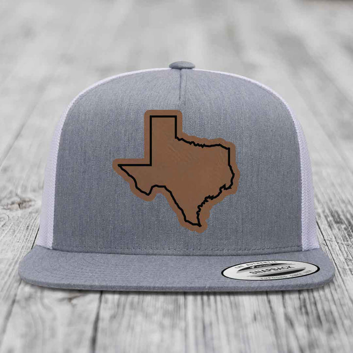 Texas Border - Leather Patch Hat - Dark Brown to Black Patch - Yupoong 6006 Snapback Flatbill Hat