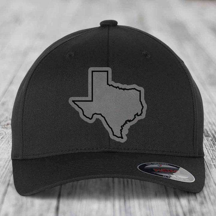 Texas Border - Leather Patch Hat - Grey to Black Patch - Flexfit 6277 Fitted Hat