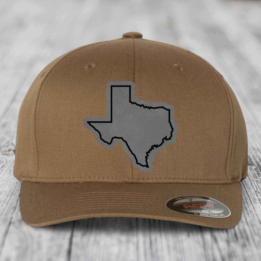 Texas Border - Leather Patch Hat - Grey to Black Patch - Flexfit 6277 Fitted Hat