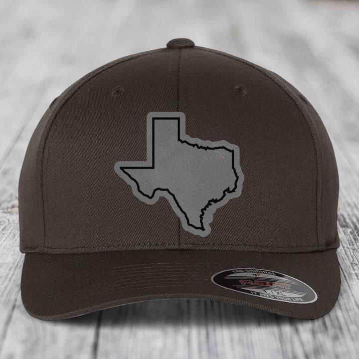 Texas Border - Leather Patch Hat - Grey to Black Patch - Flexfit 6277 Fitted Hat
