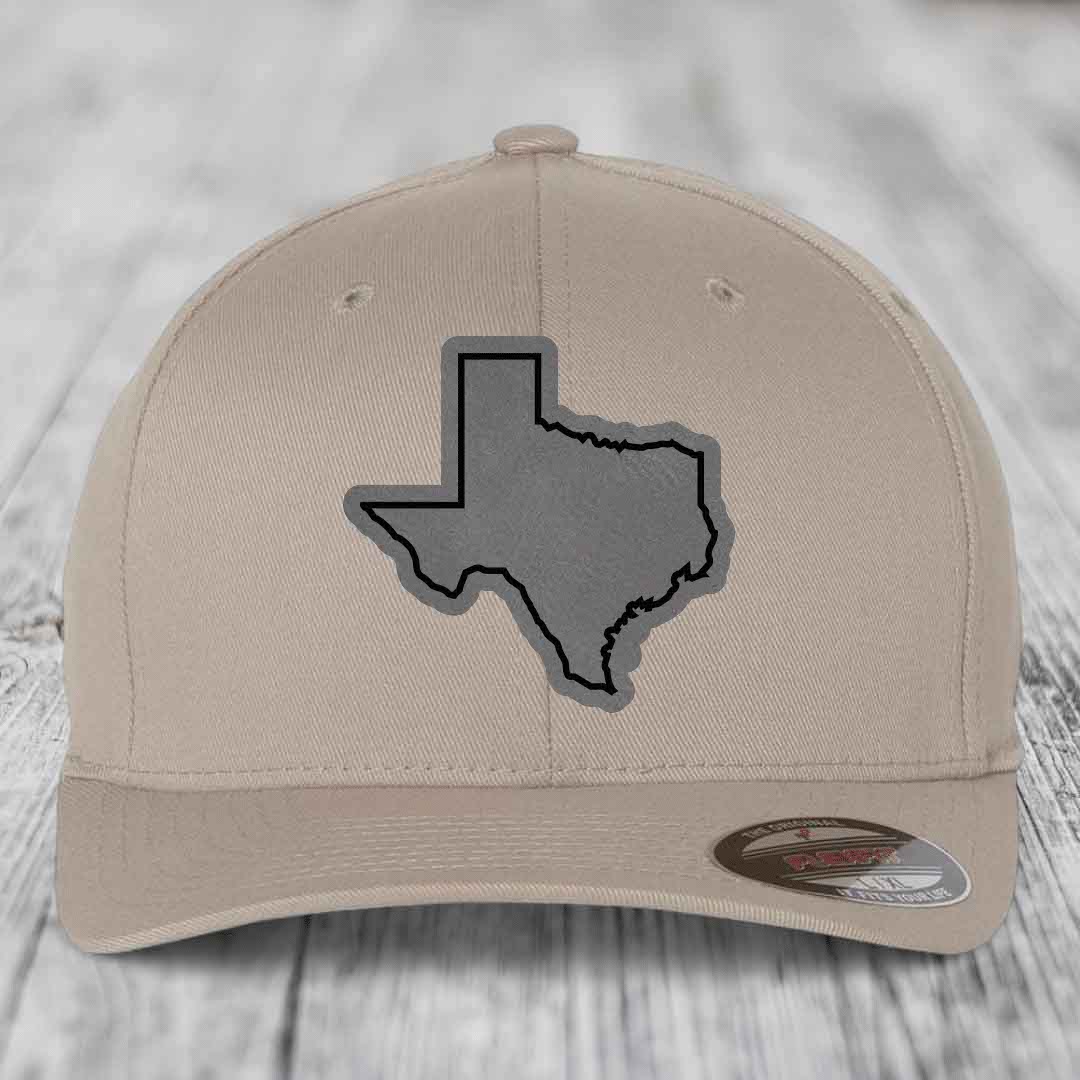 Texas Border - Leather Patch Hat - Grey to Black Patch - Flexfit 6277 Fitted Hat