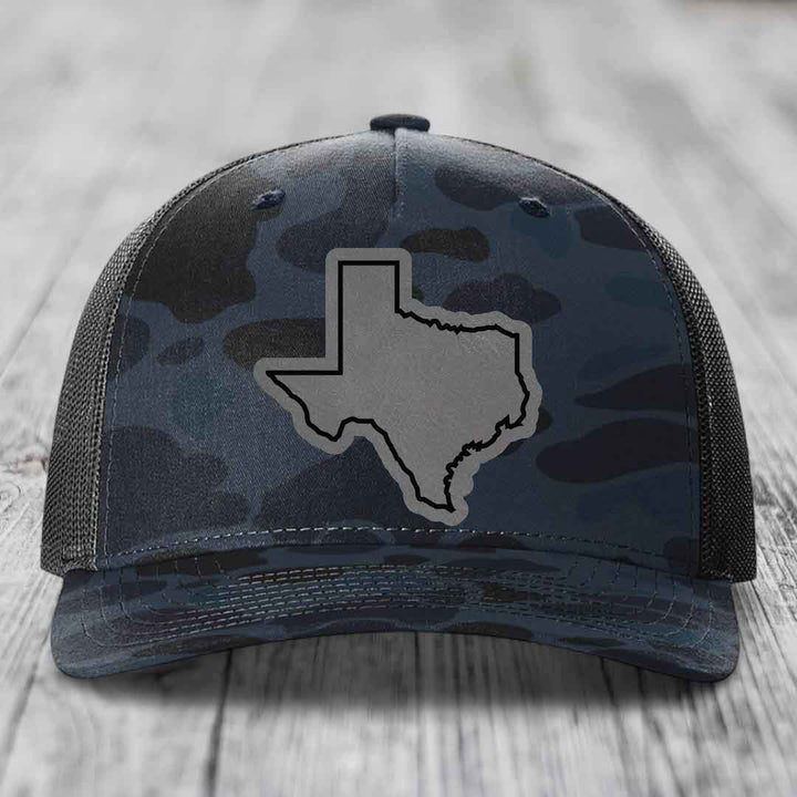 Texas Border - Leather Patch Hat - Grey to Black Patch - Richardson 112PFP Snapback Trucker Hat