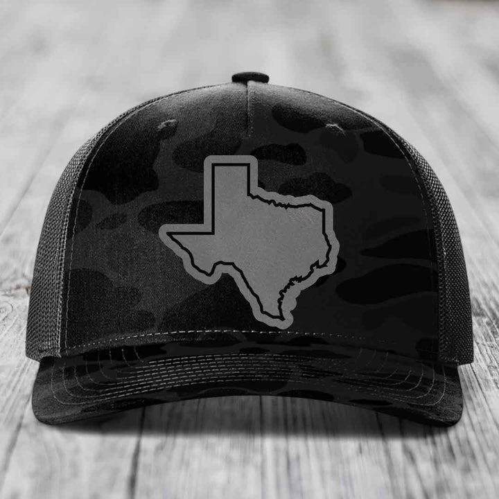 Texas Border - Leather Patch Hat - Grey to Black Patch - Richardson 112PFP Snapback Trucker Hat