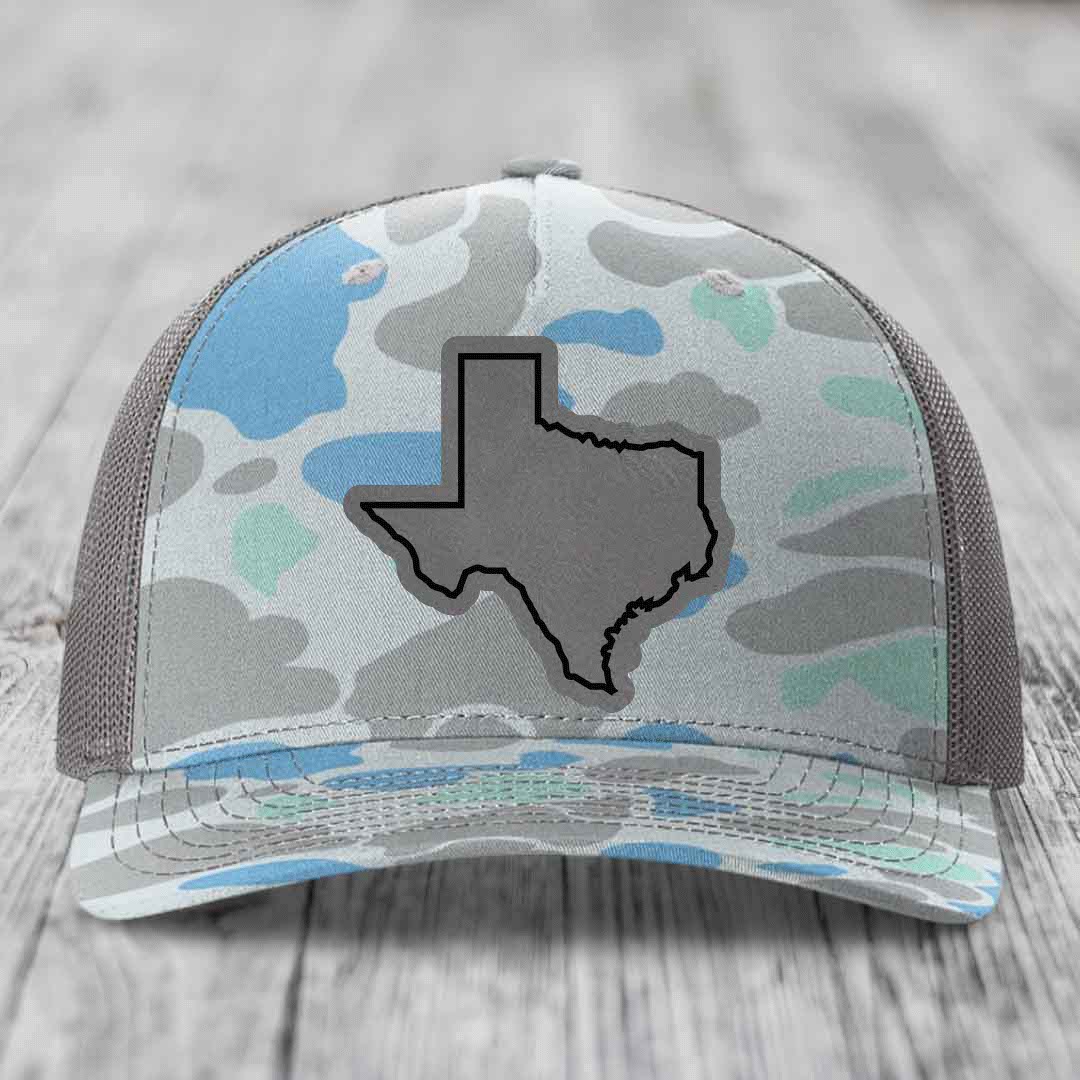 Texas Border - Leather Patch Hat - Grey to Black Patch - Richardson 112PFP Snapback Trucker Hat