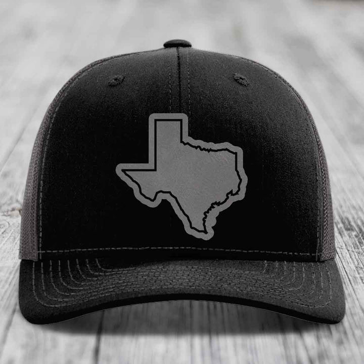 Texas Border - Leather Patch Hat - Grey to Black Patch - Richardson 112 Snapback Trucker Hat