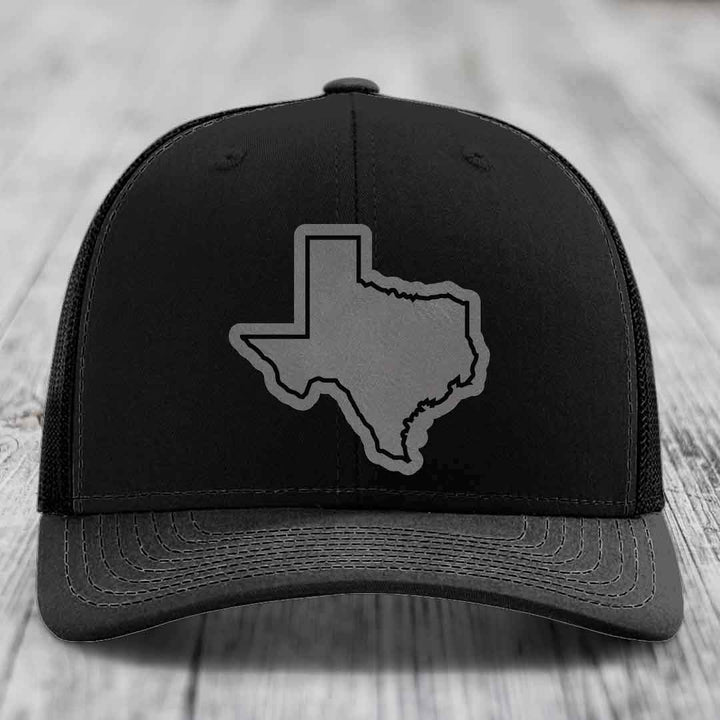 Texas Border - Leather Patch Hat - Grey to Black Patch - Richardson 112 Snapback Trucker Hat