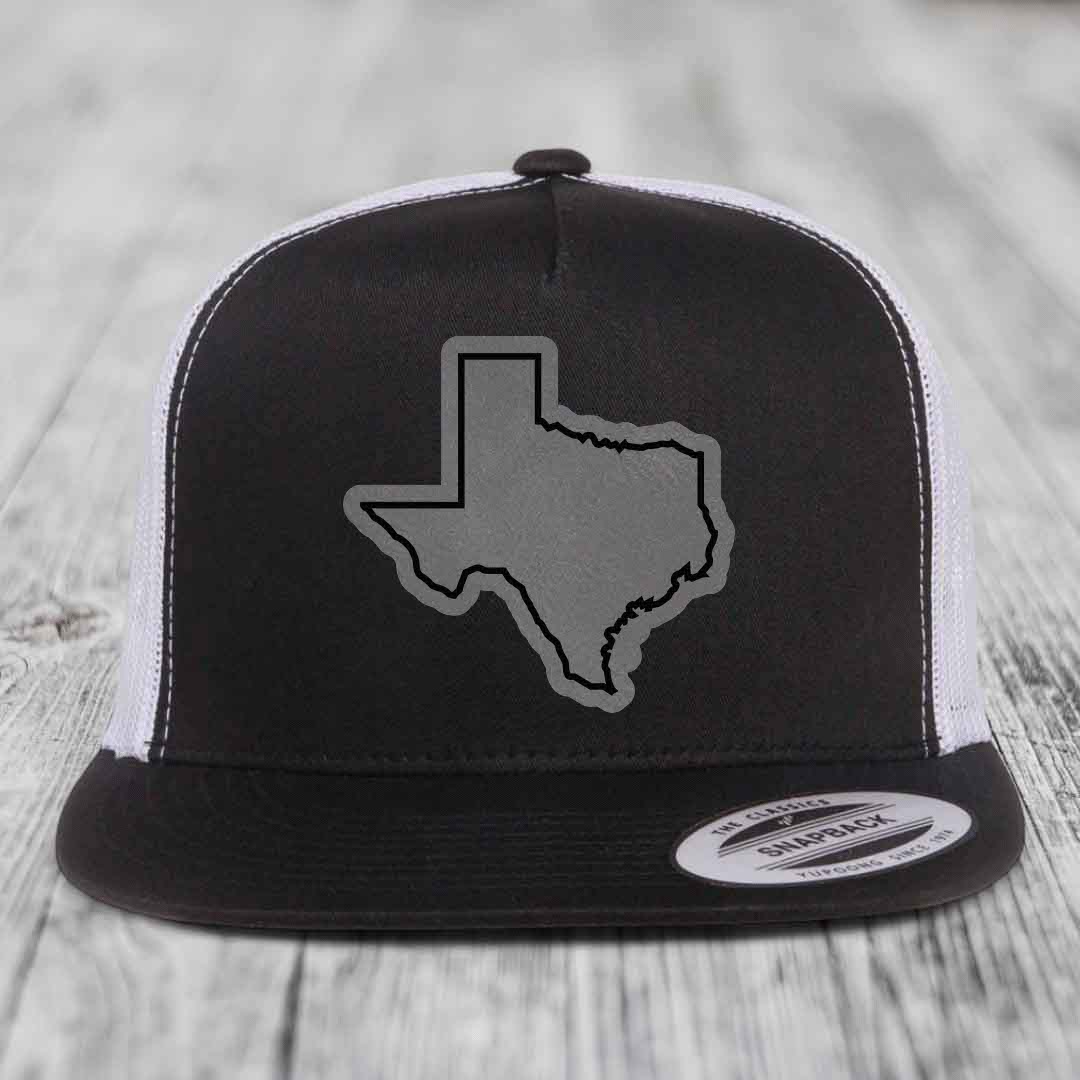 Texas Border - Leather Patch Hat - Grey to Black Patch - Yupoong 6006 Snapback Flatbill Hat