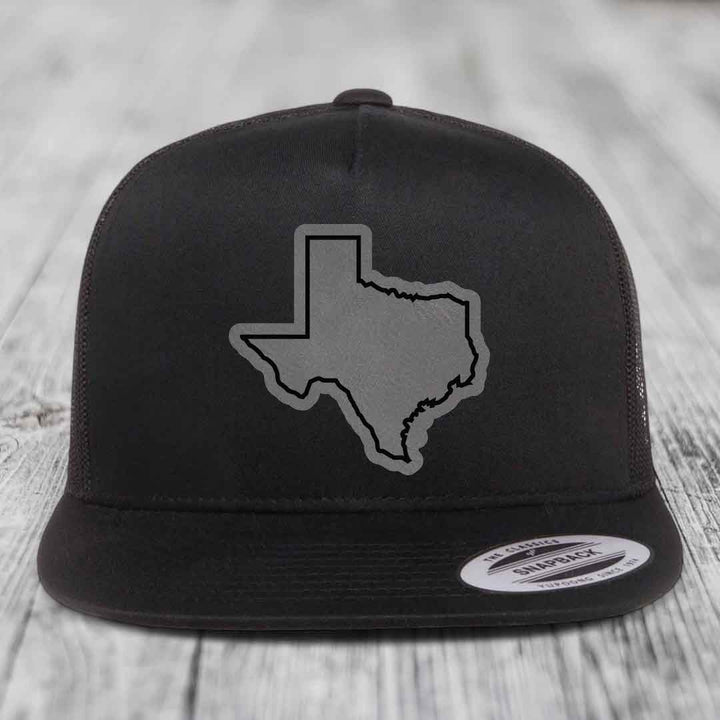 Texas Border - Leather Patch Hat - Grey to Black Patch - Yupoong 6006 Snapback Flatbill Hat