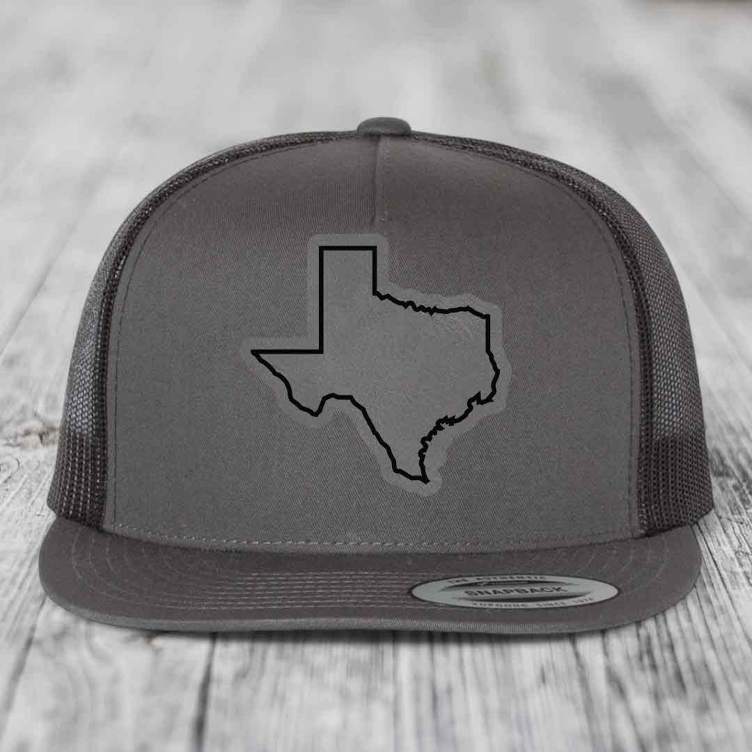 Texas Border - Leather Patch Hat - Grey to Black Patch - Yupoong 6006 Snapback Flatbill Hat