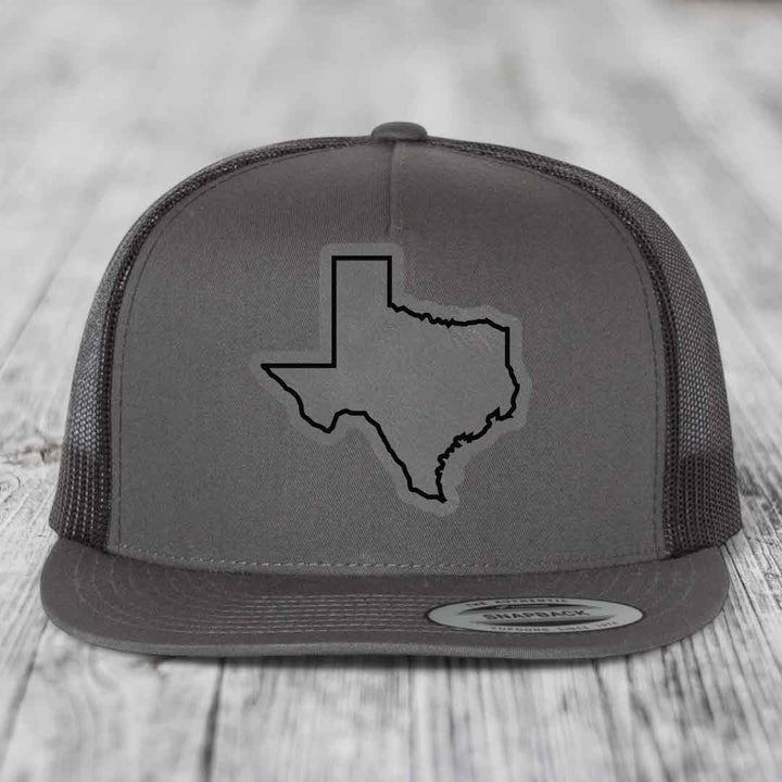 Texas Border - Leather Patch Hat - Grey to Black Patch - Yupoong 6006 Snapback Flatbill Hat