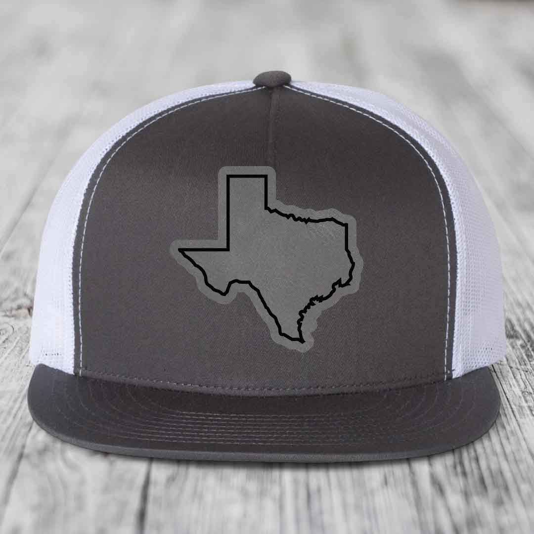 Texas Border - Leather Patch Hat - Grey to Black Patch - Yupoong 6006 Snapback Flatbill Hat