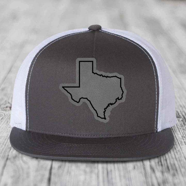 Texas Border - Leather Patch Hat - Grey to Black Patch - Yupoong 6006 Snapback Flatbill Hat