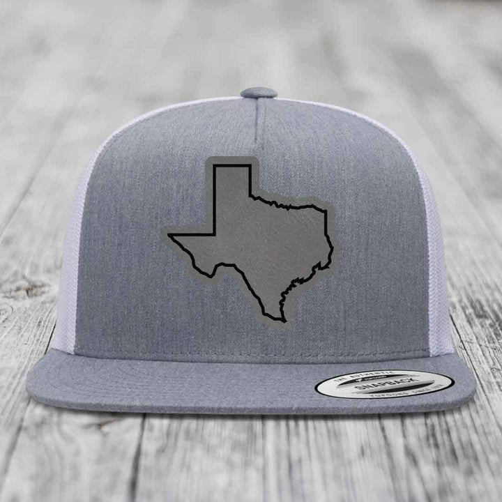 Texas Border - Leather Patch Hat - Grey to Black Patch - Yupoong 6006 Snapback Flatbill Hat
