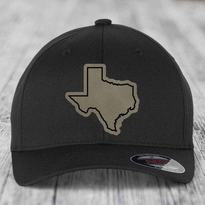 Texas Border - Leather Patch Hat - Light Brown to Black Patch - Flexfit 6277 Fitted Hat