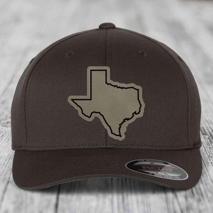 Texas Border - Leather Patch Hat - Light Brown to Black Patch - Flexfit 6277 Fitted Hat