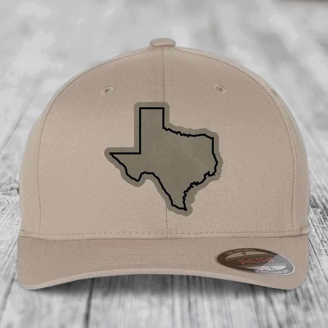 Texas Border - Leather Patch Hat - Light Brown to Black Patch - Flexfit 6277 Fitted Hat