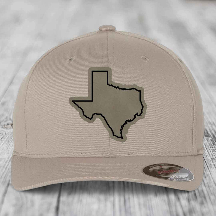 Texas Border - Leather Patch Hat - Light Brown to Black Patch - Flexfit 6277 Fitted Hat