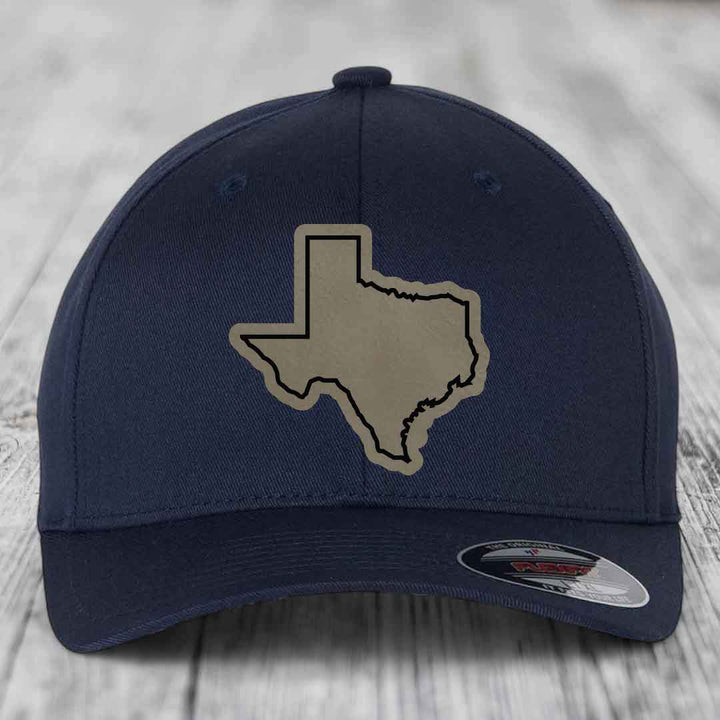 Texas Border - Leather Patch Hat - Light Brown to Black Patch - Flexfit 6277 Fitted Hat