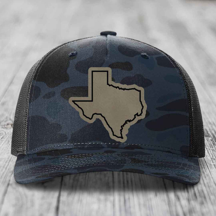 Texas Border - Leather Patch Hat - Light Brown to Black Patch - Richardson 112PFP Snapback Trucker Hat