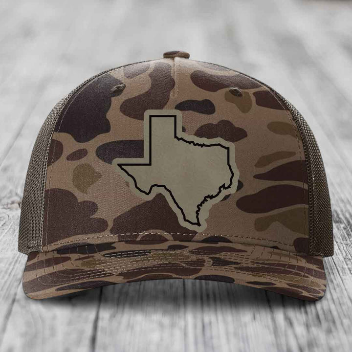 Texas Border - Leather Patch Hat - Light Brown to Black Patch - Richardson 112PFP Snapback Trucker Hat