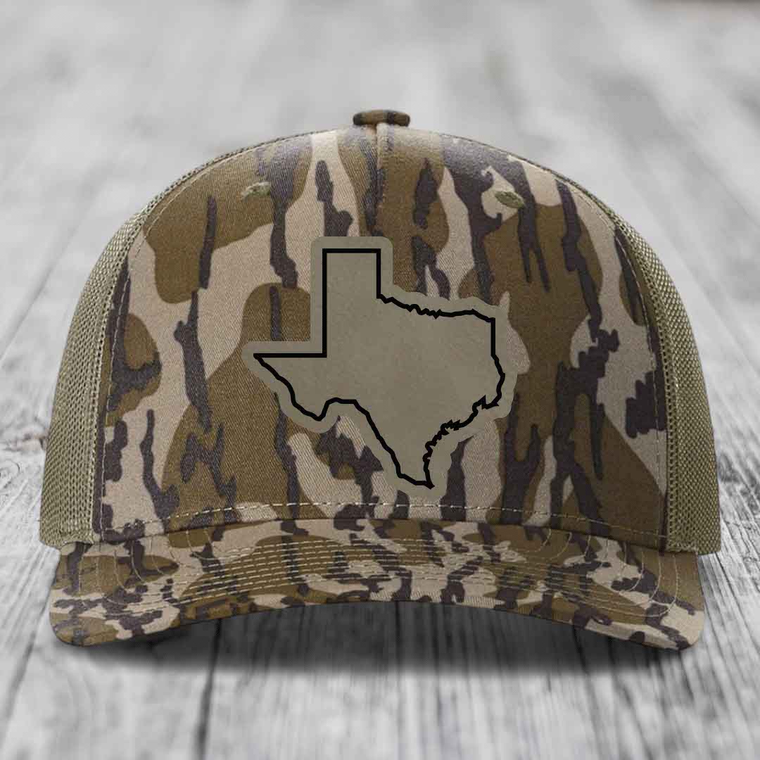Texas Border - Leather Patch Hat - Light Brown to Black Patch - Richardson 112PFP Snapback Trucker Hat