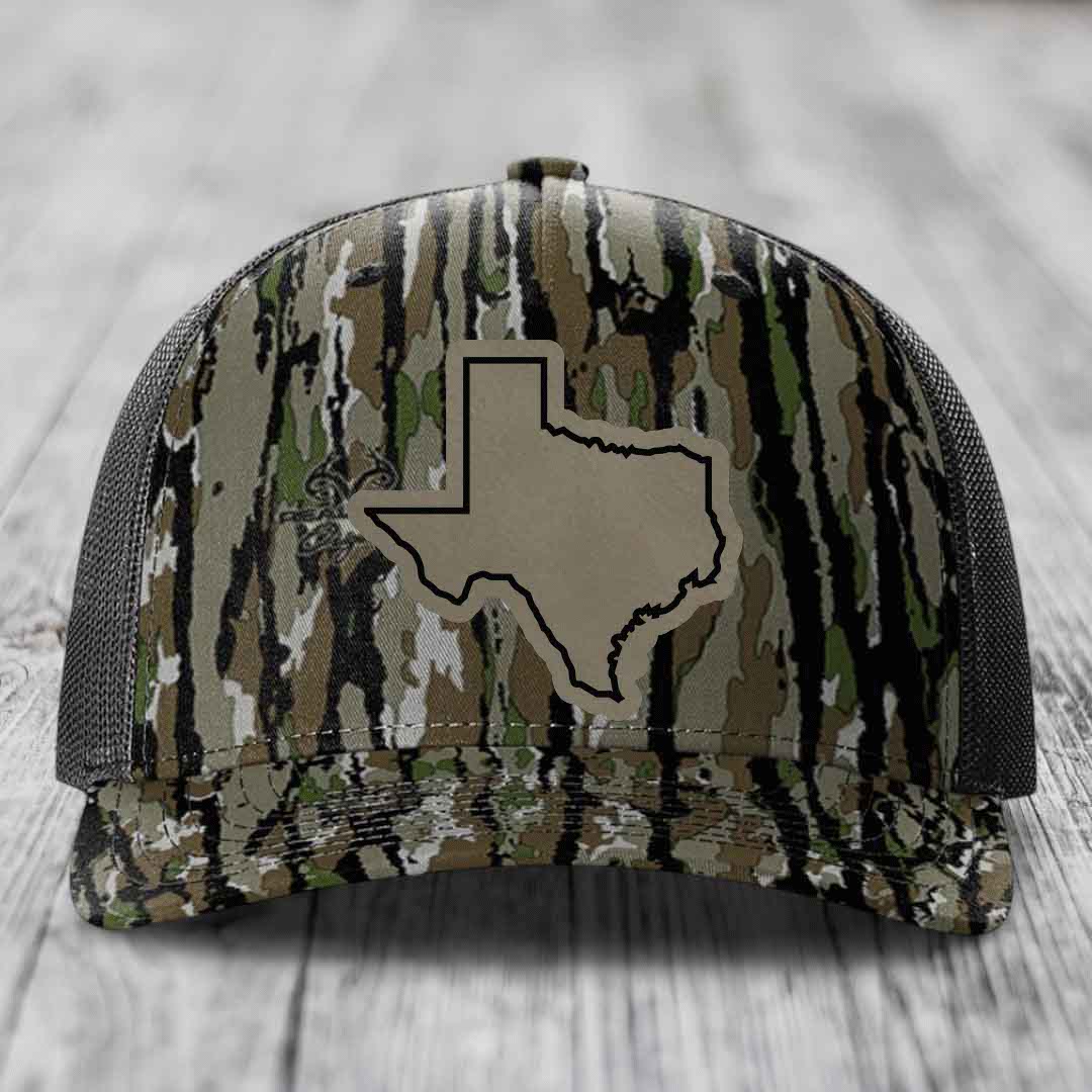 Texas Border - Leather Patch Hat - Light Brown to Black Patch - Richardson 112PFP Snapback Trucker Hat