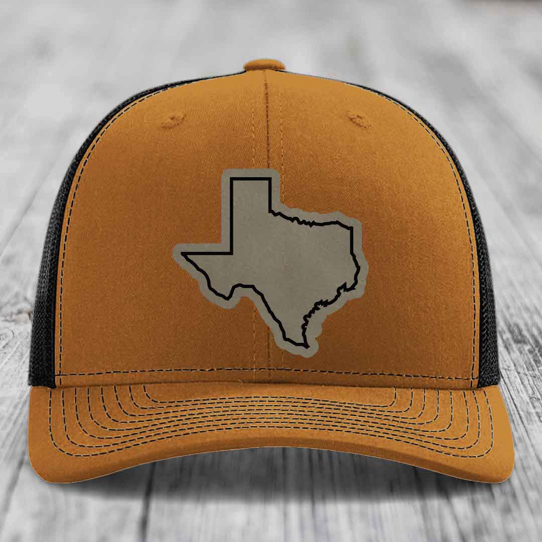 Texas Border - Leather Patch Hat - Light Brown to Black Patch - Richardson 112 Snapback Trucker Hat