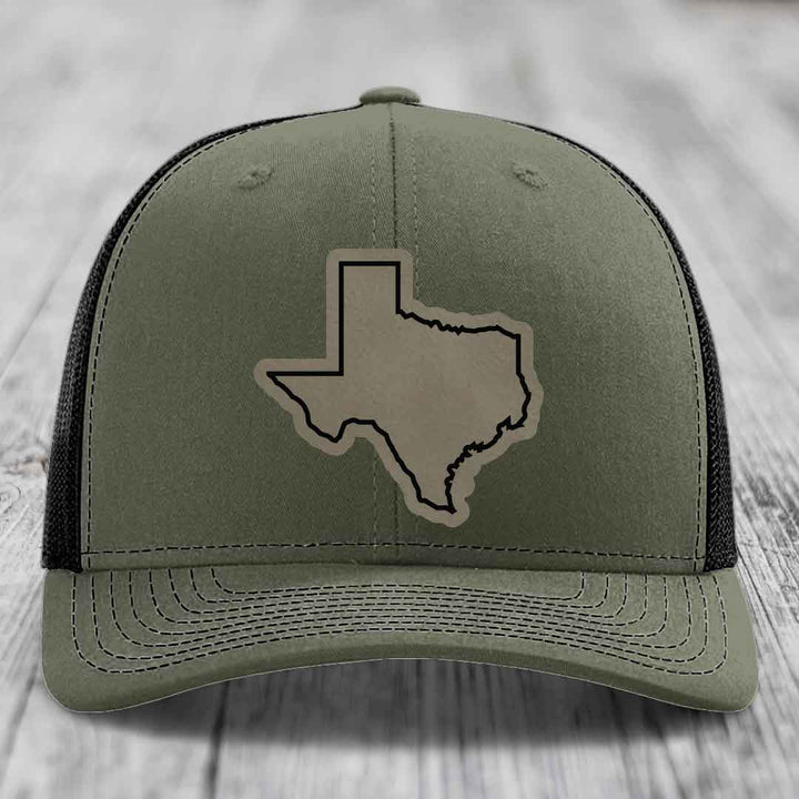 Texas Border - Leather Patch Hat - Light Brown to Black Patch - Richardson 112 Snapback Trucker Hat