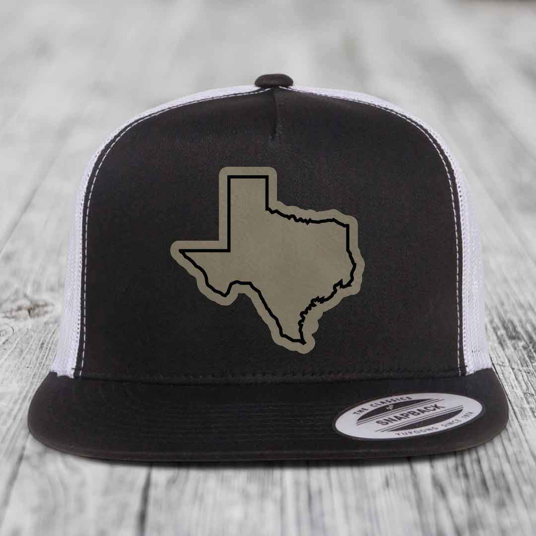 Texas Border - Leather Patch Hat - Light Brown to Black Patch - Yupoong 6006 Snapback Flatbill Hat