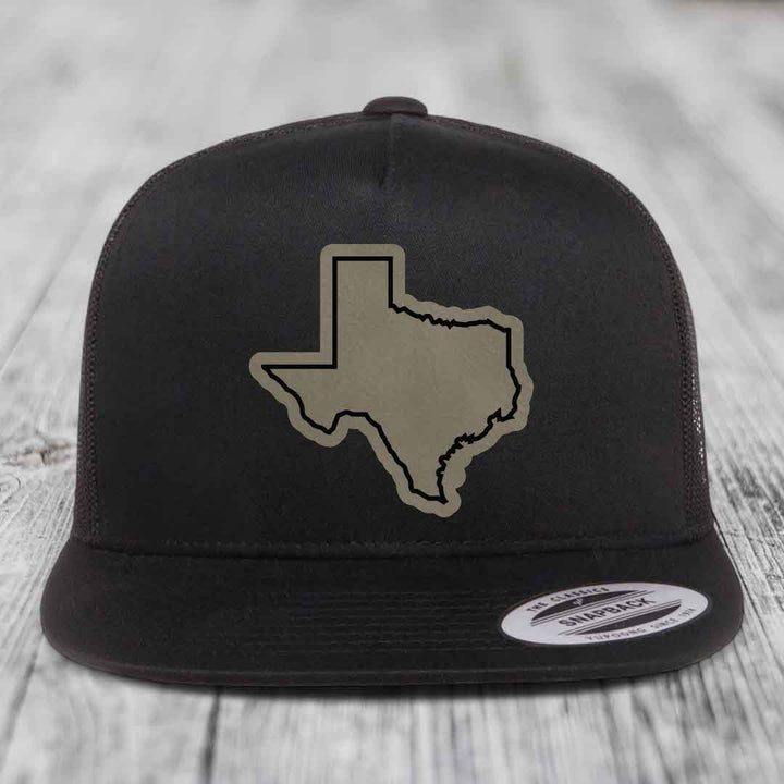 Texas Border - Leather Patch Hat - Light Brown to Black Patch - Yupoong 6006 Snapback Flatbill Hat